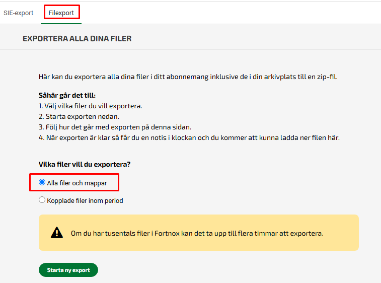 Filexport i Fortnox med valet Alla filer och mappar
